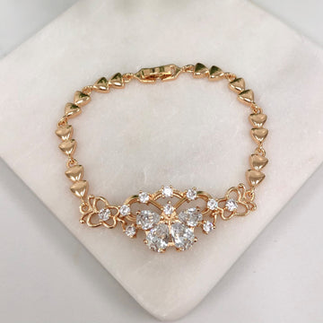 18K Gold Layered Oro Laminado Clear Cubic Zirconia Butterfly Design Gold Linked Bracelet 73.0114-7.5-7.5